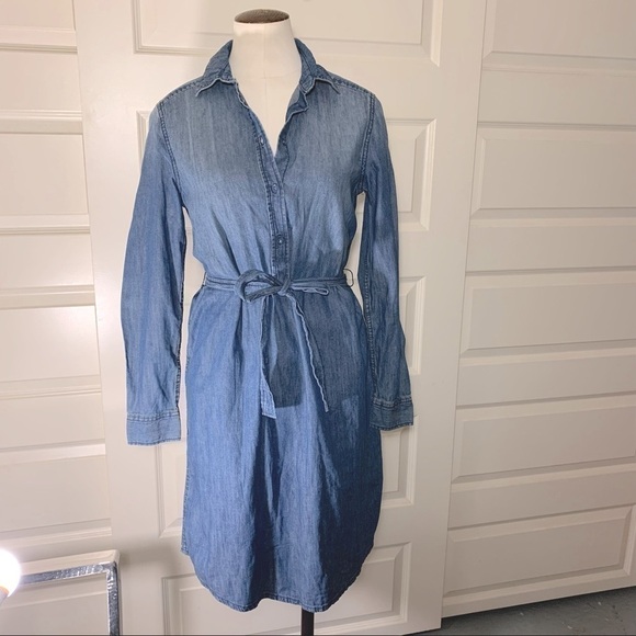 Denim Dress Blue XS Long Sleeves Belted Button Front Chambray Cotton Minimalist - Picture 10 of 10